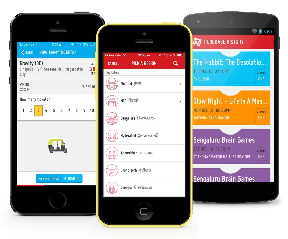 Here are screenshots of the BookMyShow mobile applications. BookMyShow is now one of the most popular apps in the AppStore