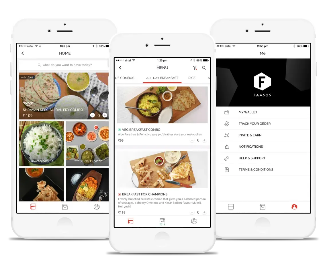 Here are screenshots of the Faasos mobile applications. It helps you order food anywhere in India.