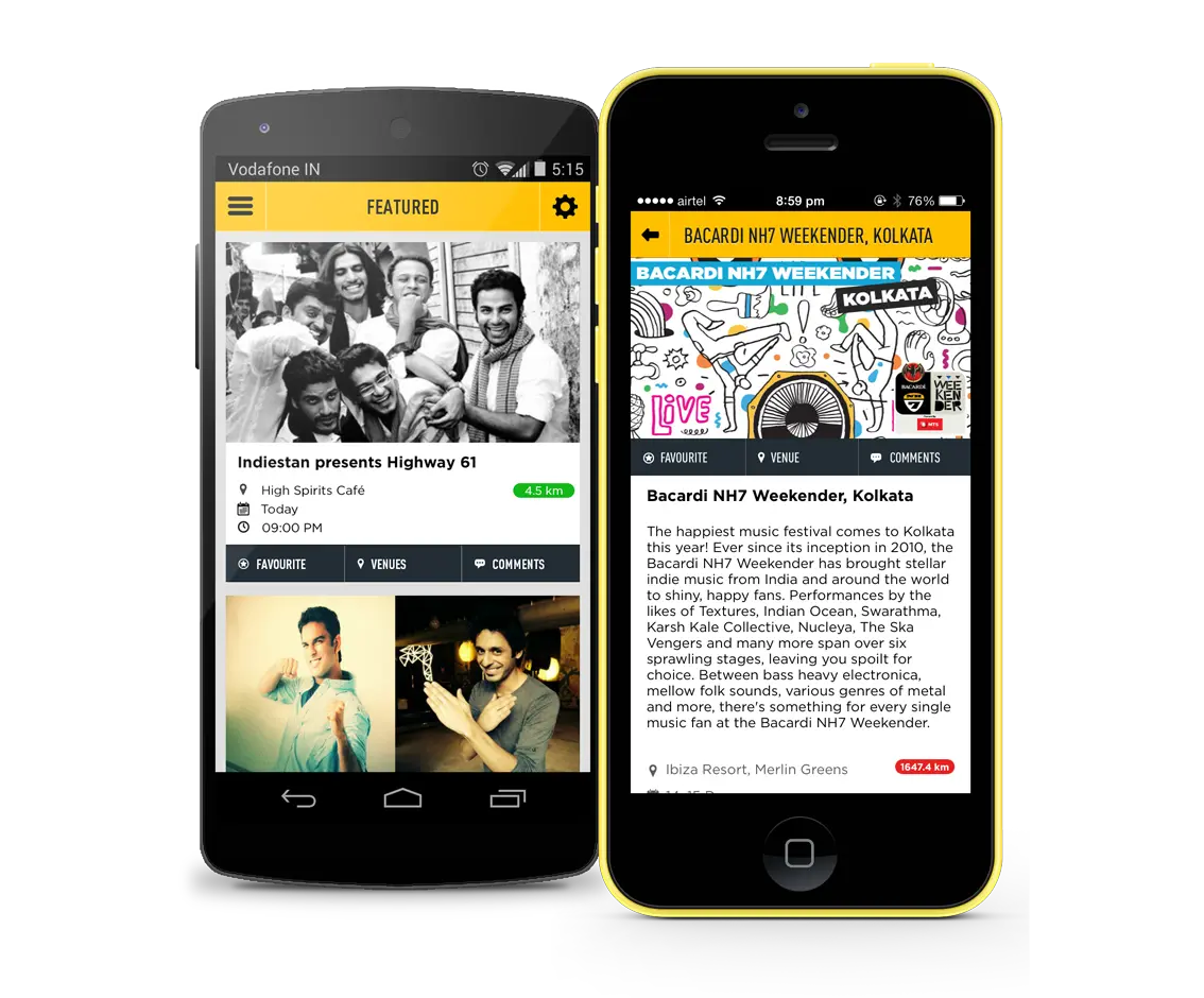 Here are the screenshots of the NH7 InTown application that we made with OML. It helps you find events in your city.